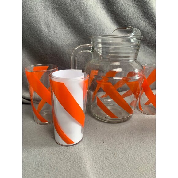 Vintage Orange Swirl 6 12oz Glasses & Pitcher Mid Century Set - Picture 2 of 13